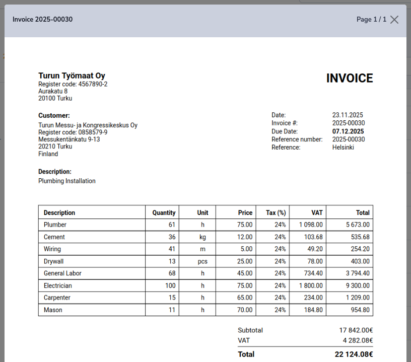 Professional PDF invoice generated by SiteOps with itemized table and VAT breakdown