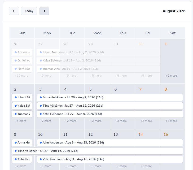 SiteOps team leave calendar showing approved and pending time off across the team