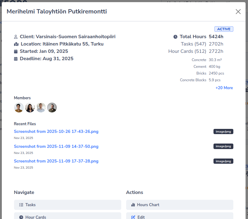SiteOps project overview showing dashboard stats, progress metrics, and project details
