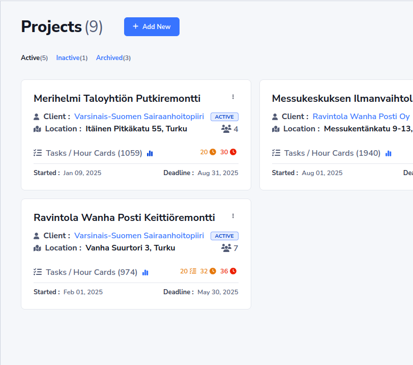 SiteOps project management dashboard showing active projects with real-time statistics