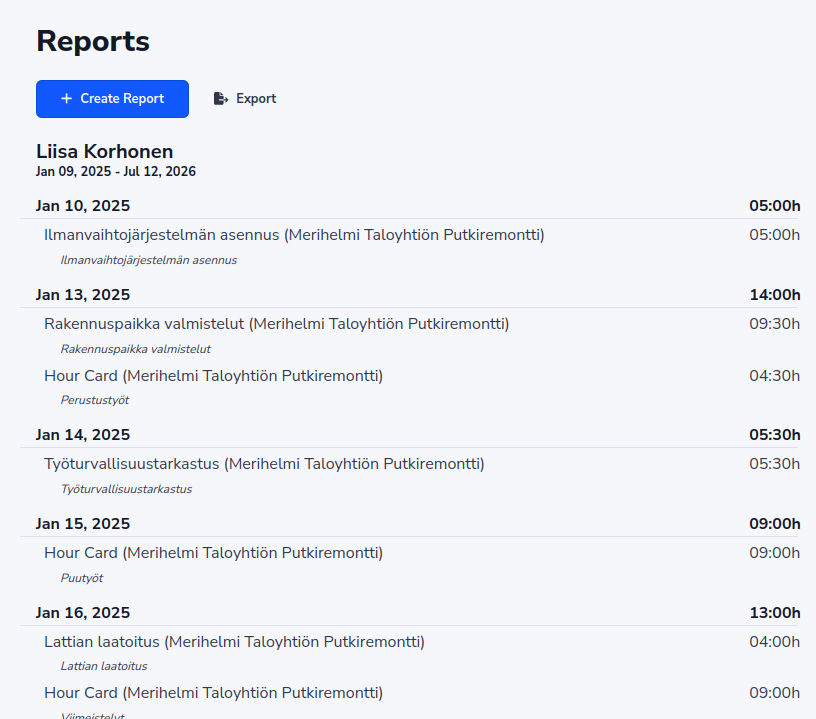SiteOps report view showing per-member daily entries with hours totals and export options