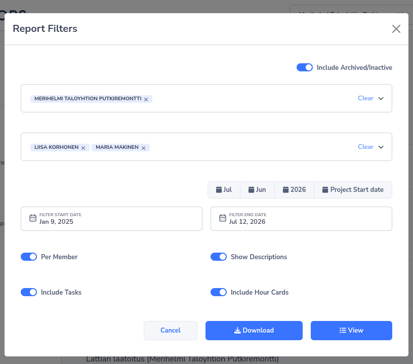 SiteOps report filter panel with project, member, and date range selections