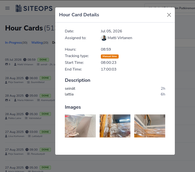 SiteOps hour card details showing logged hours with photo evidence attached