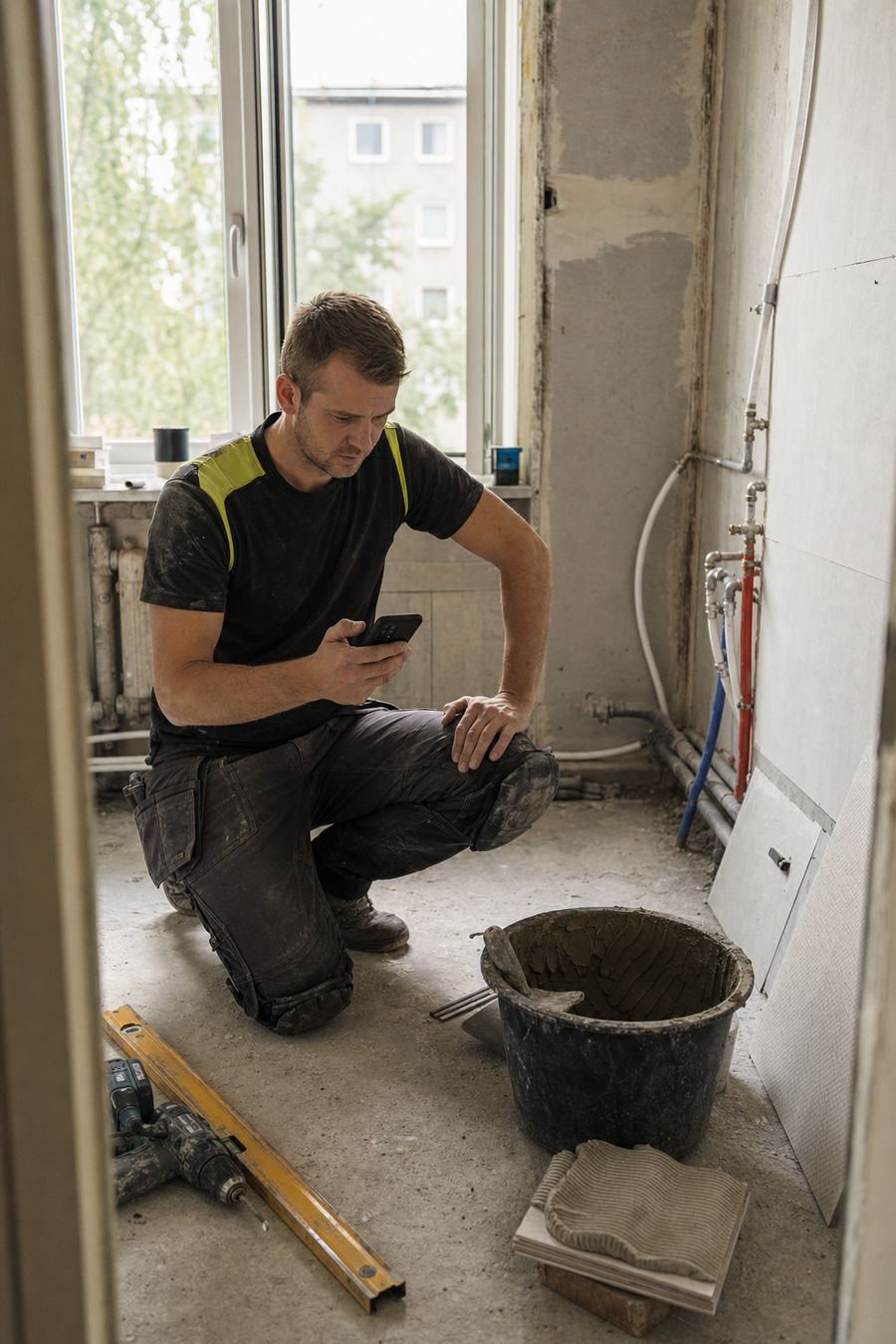 Tradesman checking SiteOps on his phone during a bathroom renovation