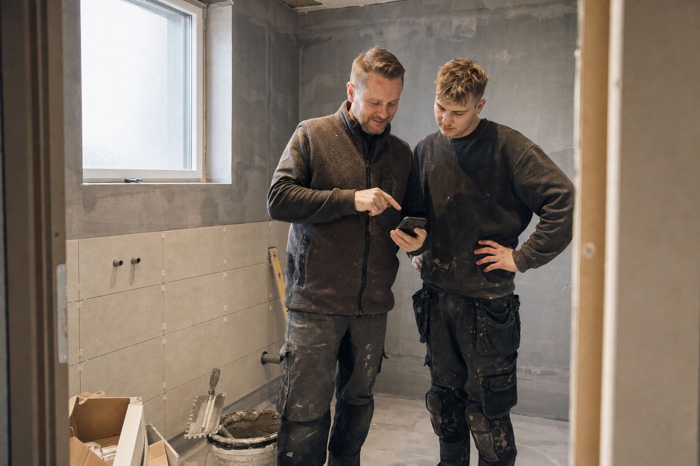 Renovation company owner and tiler checking hours on a phone in a half-finished bathroom